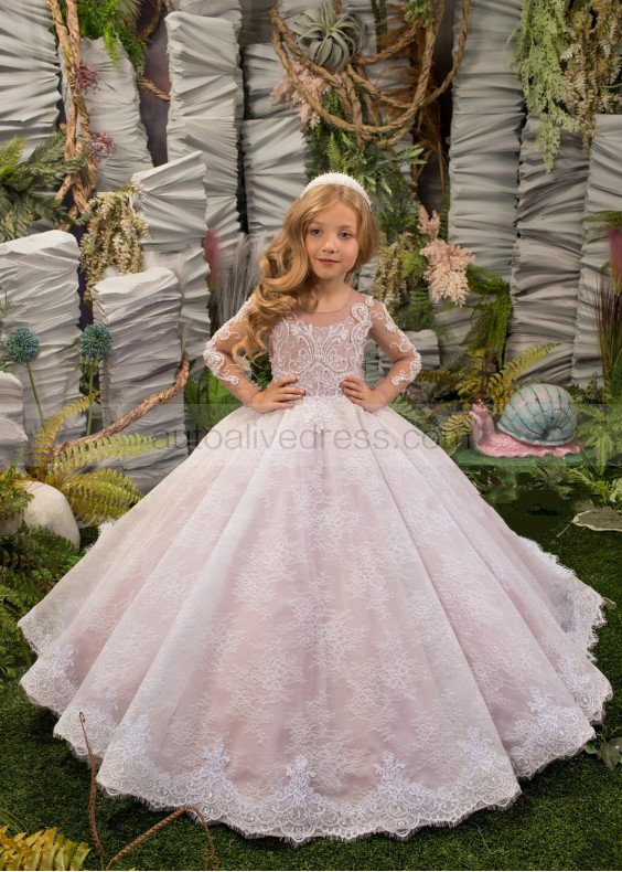 Beaded Ivory Lace Tulle Flower Girl Dress With Pink Lining Beaded Ivory Lace Tulle Flower Girl Dress With Pink Lining